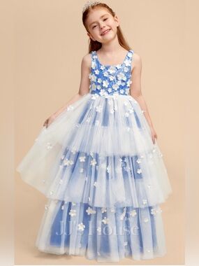JJs House Blue & White 3D Floral Tulle Girls' Formal Dress
